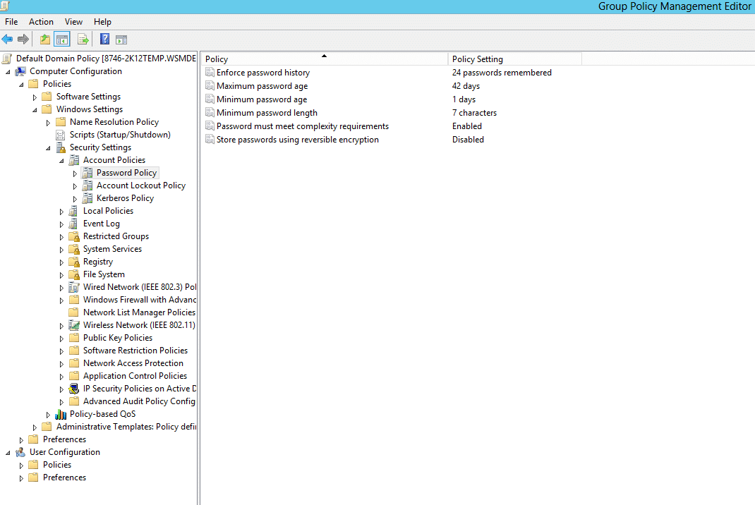 Group Policy Management Editor displaying the Default Domain Policy in Active Directory.