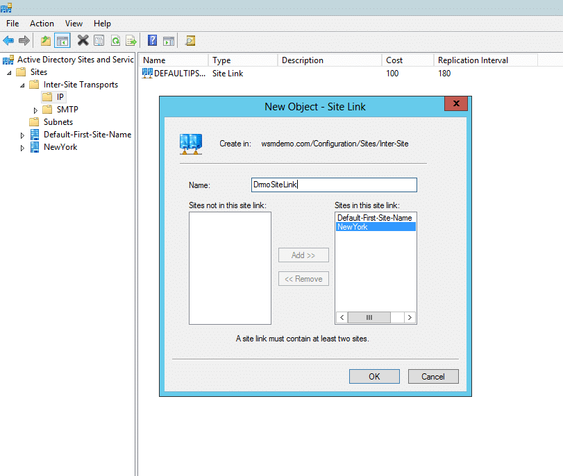 New site link dialog box in Active Directory