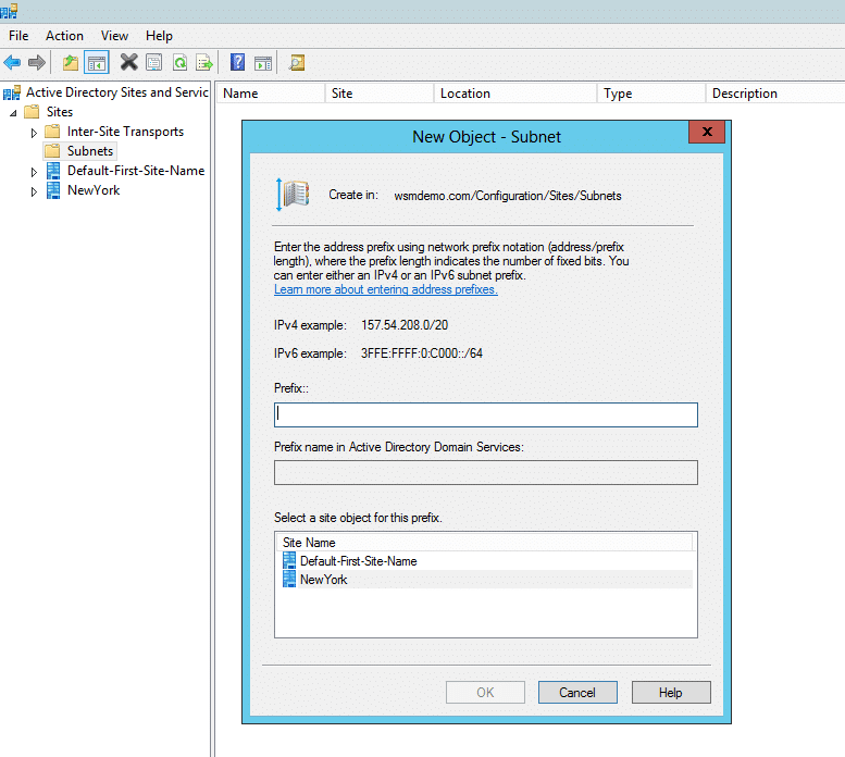 Create a new subnet dialog box in Active Directory