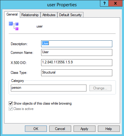 Figure showing the user class viewed with the Active Directory Schema snap-in.