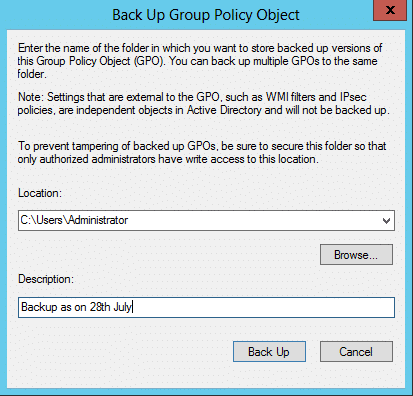 Gestione di backup GPO utilizzando la finestra di dialogo Back Up Group Policy Object