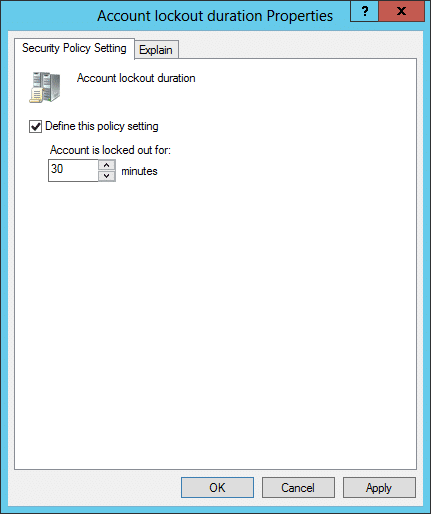 Account Lockout suration properties dialog box