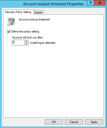  Account Lockout Threshold properties dailog box