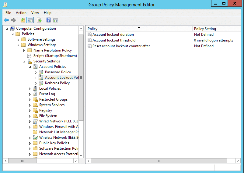 The Group Policy Management Editor displaying the three lockout settings