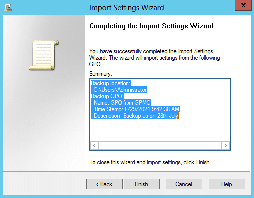 The Import Settings Wizard dialog box to import settings from an existing GPO