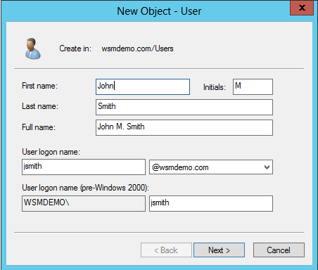 New Object - User dialog box in Active Directory