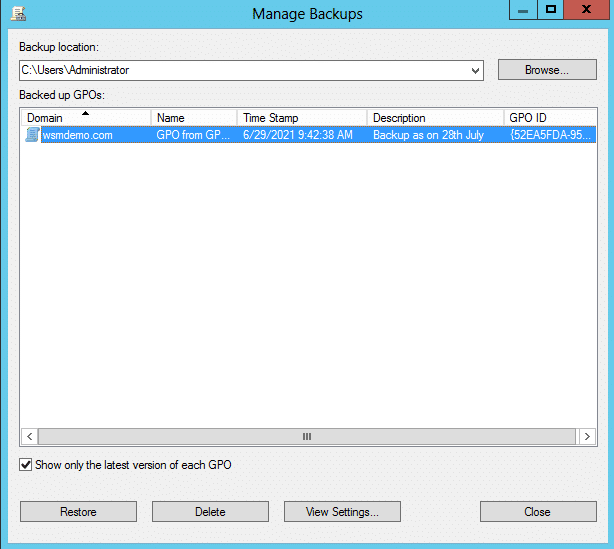 Taking periodic backups of GPO's with the Manage Backups dialog box