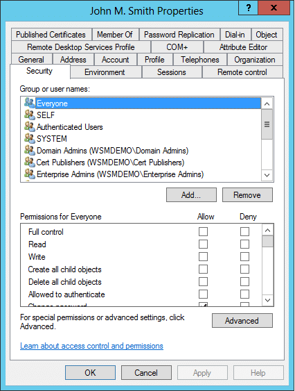 Viewing Active Directory Object Permissions from the Security tab