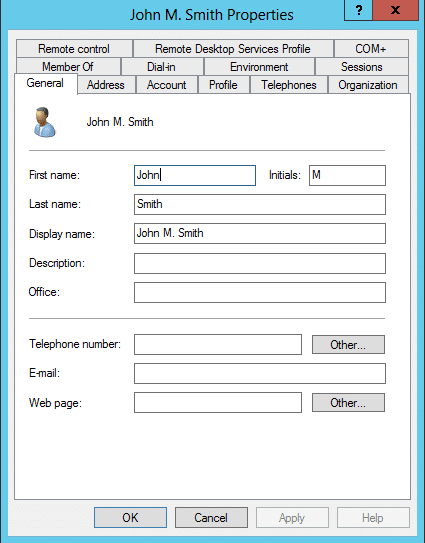 User Object Properties dialog box