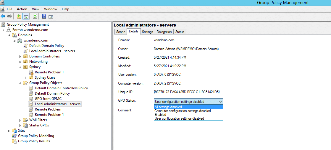 The four GPO statuses available in Active Directory
