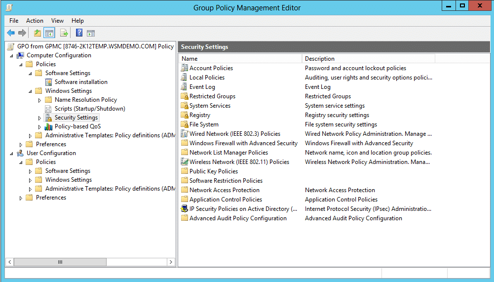 The various Security Settings available under Windows Settings: GPO