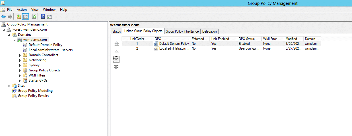 Viewing all the Linked Group Policy Objects for the selected domain in Active Directory.