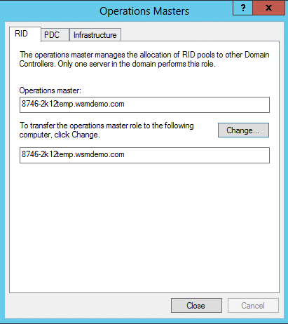 The three tabs in the Operation Masters dialog box FSMo roles