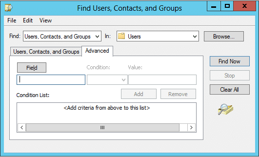 Advanced Search tab to locate Active Directory Objects